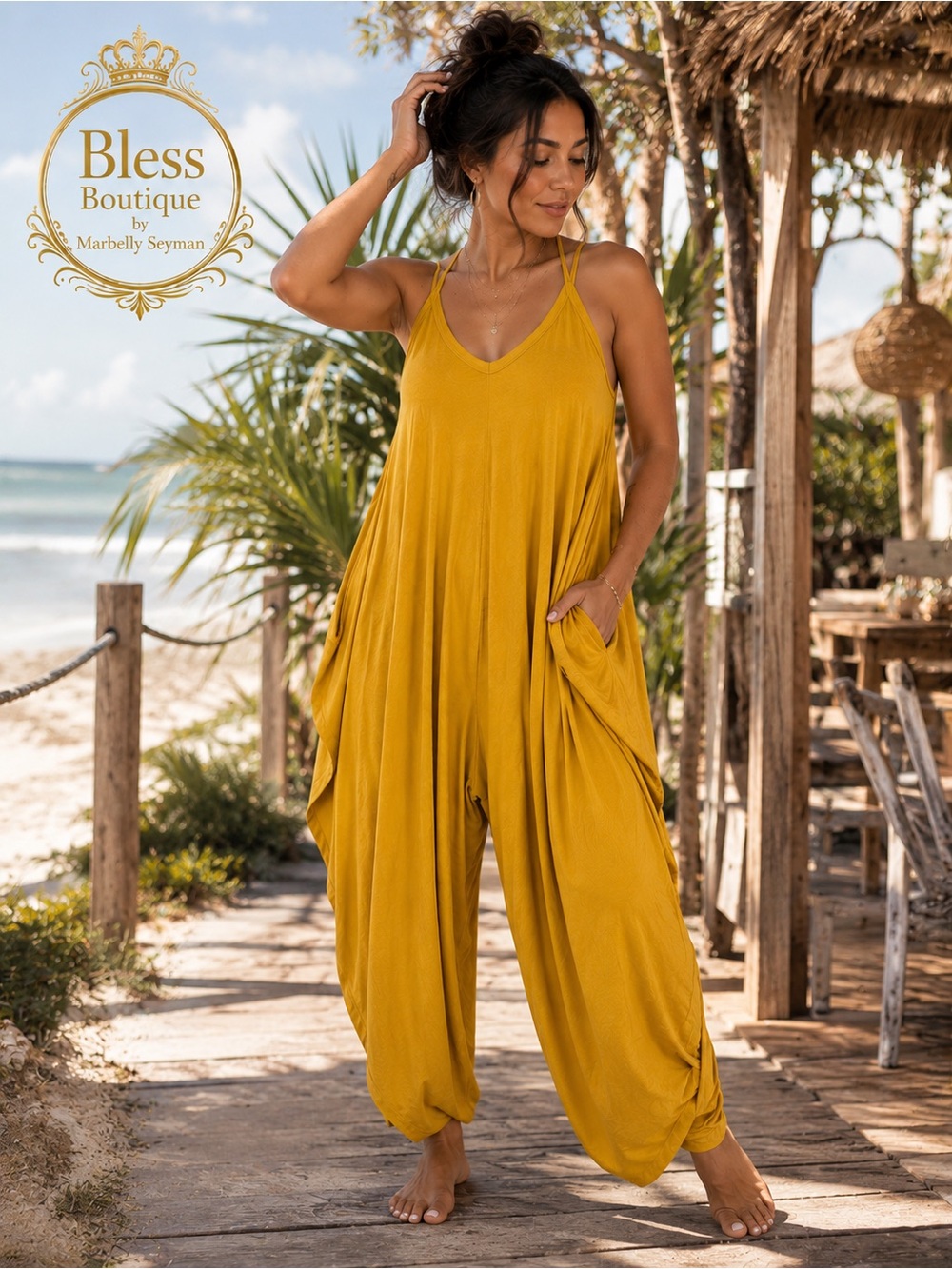 Mustard Yellow Boho Harem Jumpsuit One Size Viscose Stretch Lagenlook Resort